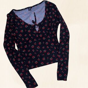 Retro Cherry Print Long Sleeve Top - Size L Vintage Pin Up